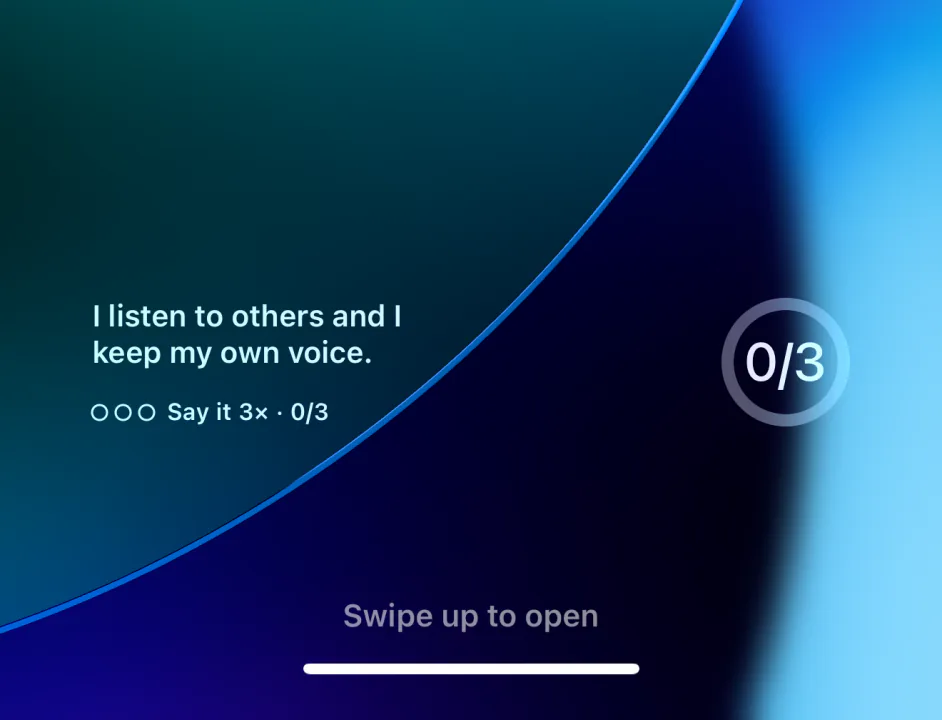 Falah on the iPhone Lock Screen: today’s line, I listen to others and I keep my own voice, with Say it 3× and a 0 of 3 progress ring