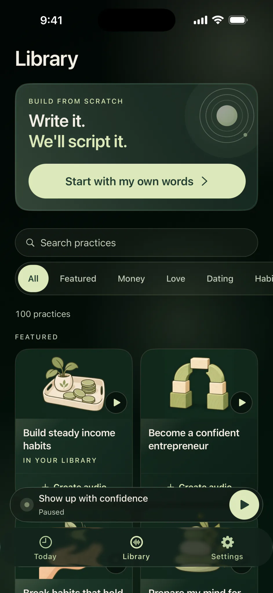 Falah Library on iPhone: Write it, we will script it, with Start with my own words, practice search, category filters and featured practices