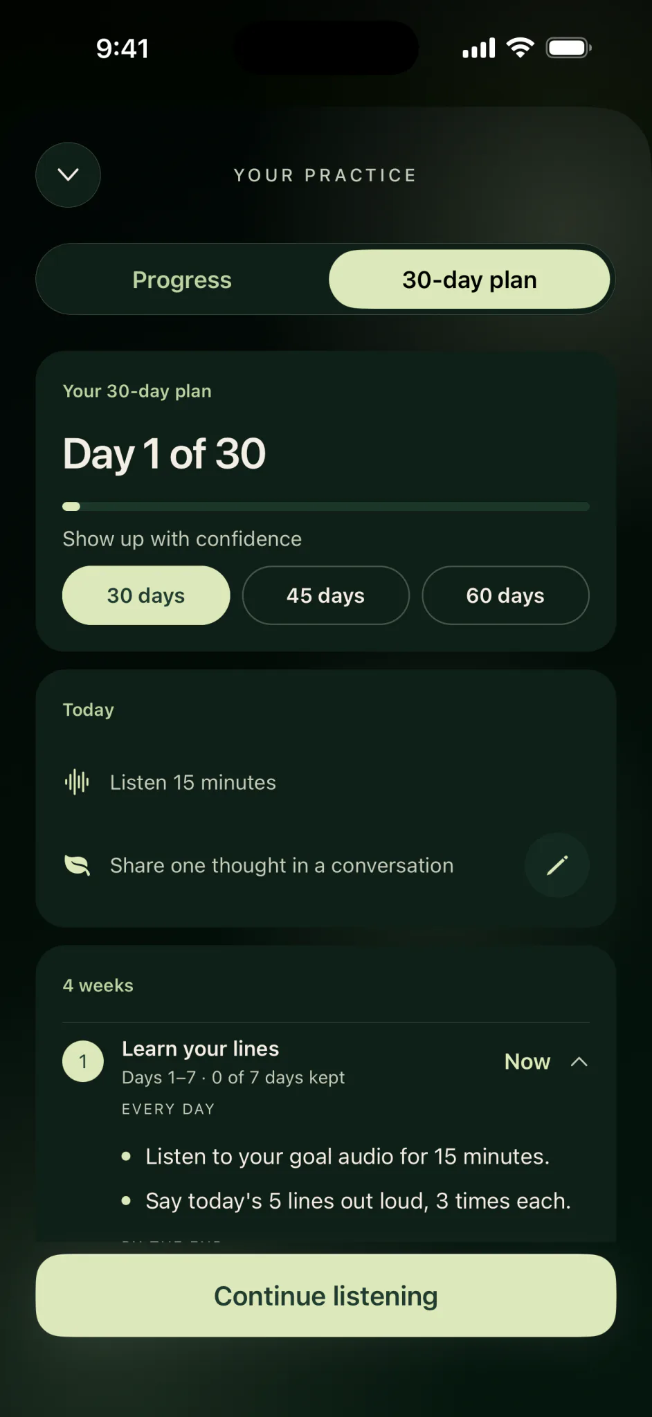 Falah 30-day plan on iPhone: Day 1 of 30 for Show up with confidence, today’s steps and Continue listening