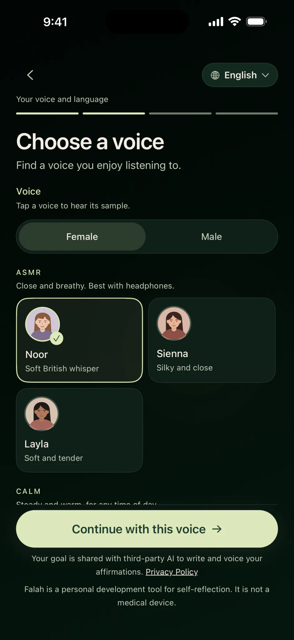 Falah Choose a voice screen on iPhone: Female and Male tabs, ASMR voices Noor, Sienna and Layla, and Calm voices below