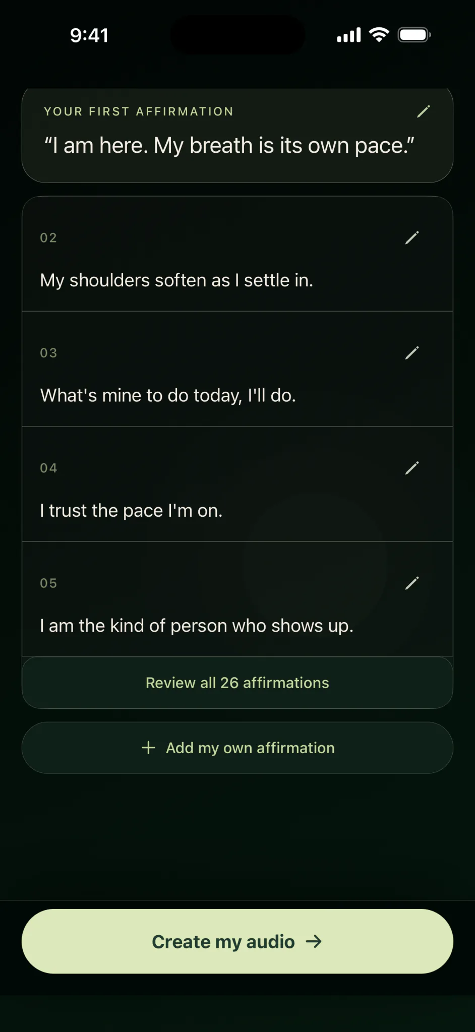Falah affirmation review on iPhone: numbered lines, each with an edit button, Review all 26 affirmations, Add my own affirmation and Create my audio