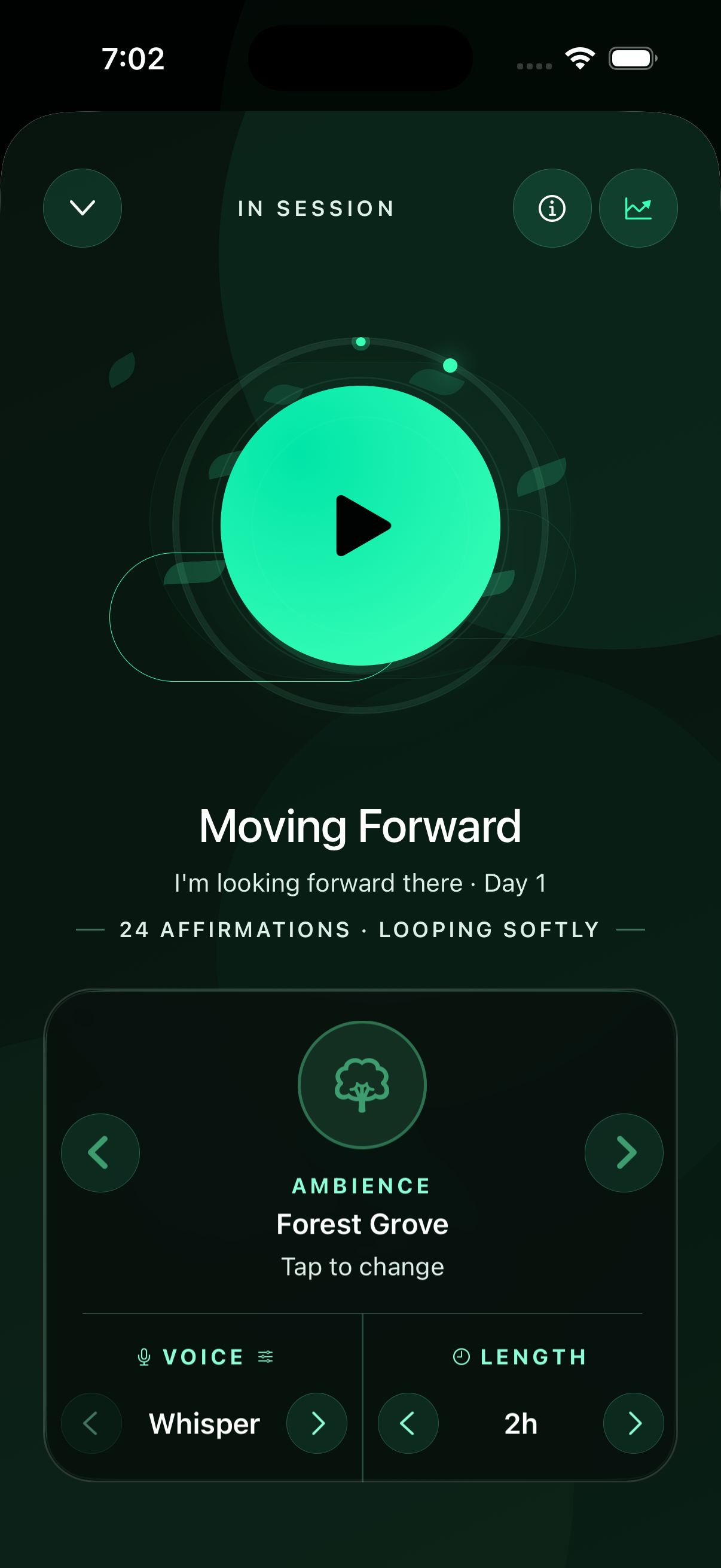 Falah player screen showing a personal affirmation session with an emerald play control